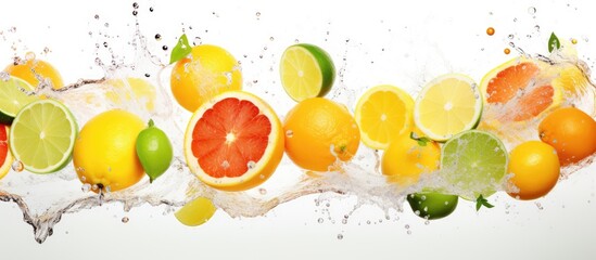 An image showing a detailed view of a cluster of various citrus fruits and green limes immersed in water