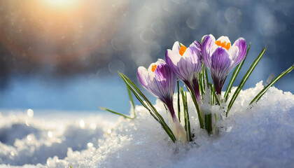 Beautiful crocuses in the snow. First spring flowers