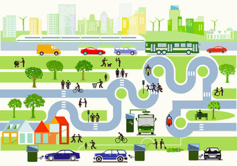 Stadt mit  Umweltschutz, Verkehr und Häusern, illustration
