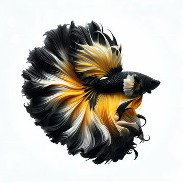 A full-body image of a Veiltail Betta fish, featuring a striking Black and Yellow color pattern. The fish should be detailed