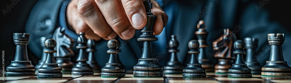 Wall mural close-up of a hand playing chess symbolizing strategy