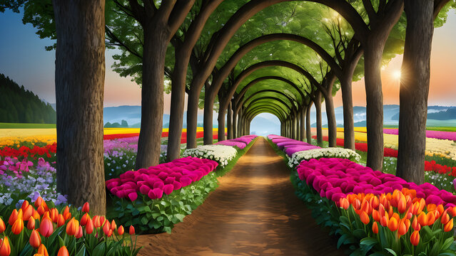tunnel, flower, tree, beautiful scenery, Generative AI