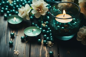 Relaxing mood composition with burning candles and flowers