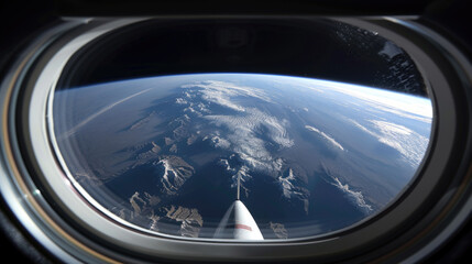 View of Earth seen from inside an airplane window, showcasing the planets landscapes and atmosphere