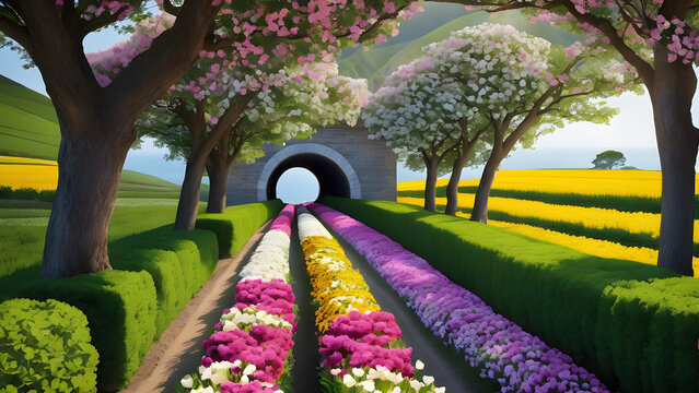 tunnel, flower, tree, beautiful scenery, Generative AI