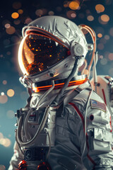 Astronaut in space suit stands against backdrop of glowing lights, showcasing the futuristic essence of space exploration