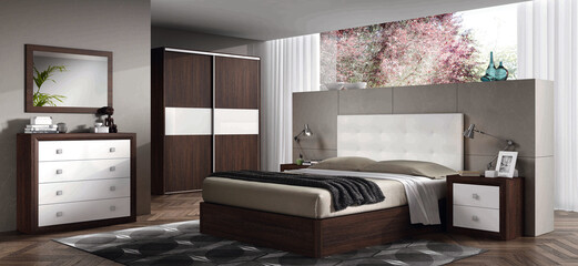 Interior design of a double bedroom with minimalist trend furniture, vintage style, augmented reality, mockup,