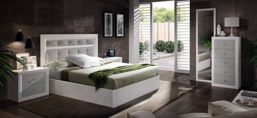 Interior design of a double bedroom with minimalist trend furniture, vintage style, augmented reality, mockup,