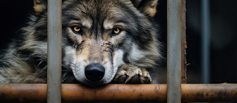 An arafed wolf is looking out from a cage, resting its head on the bars
