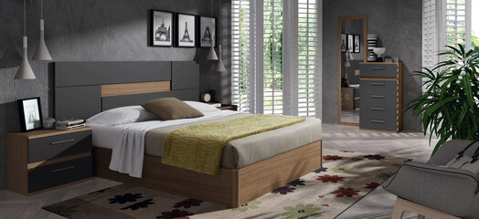 Interior design of a double bedroom with minimalist trend furniture, vintage style, augmented reality, mockup,
