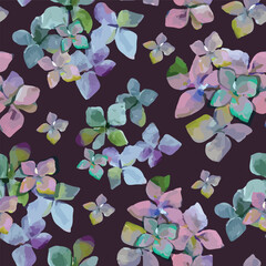 vector, seamless repeat pattern of hydrangea bloom on dark burgundy background