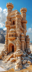 A castle of sandstone, carved by the wind into intricate designs, standing tall in the desert,  hyper realistic