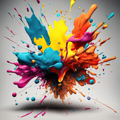 An explosion of vibrant colors creates an exciting and energetic backdrop. A splash of colors forms a dynamic bright background with drops