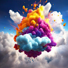 An explosion of vibrant colors creates a breathtaking and energetic backdrop among the white fluffy clouds. A splash of colors forms a dynamic bright background with drops