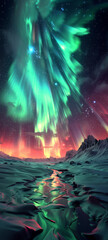 A tundra where the aurora borealis touches the ground, creating a bridge to the stars,  3D style