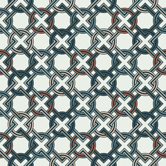 Multicolored grid made up of interlocking squares, rings, and circles. Abstract geometric background in retro style. Vintage colors. Seamless repeating pattern.