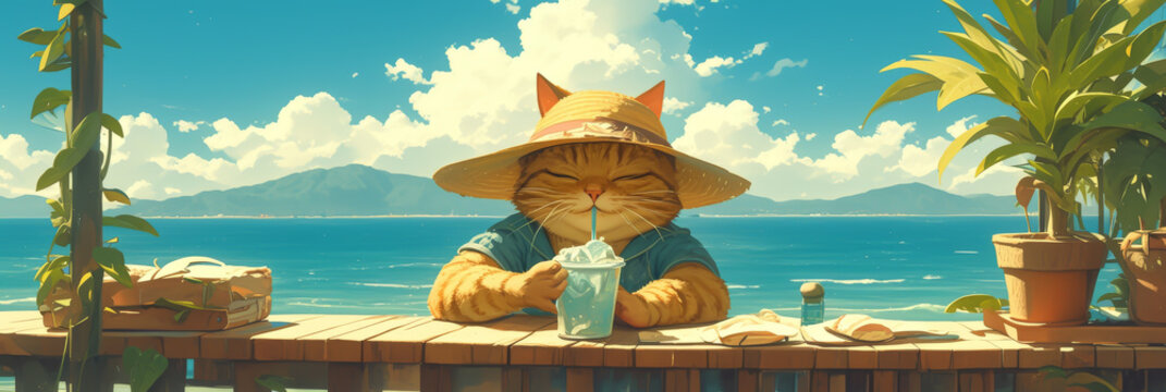 Cat in a sunhat and swimsuit sipping a cold beverage ocean backdrop eye-level view ultimate relaxation hyper realistic