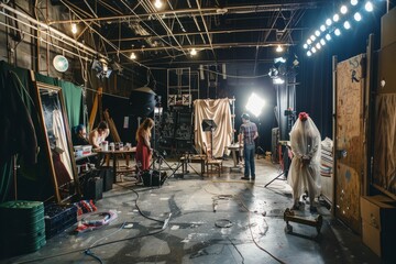 A candid shot of performers preparing backstage with costumes, makeup, and props visible. The focus is on the interaction between the group