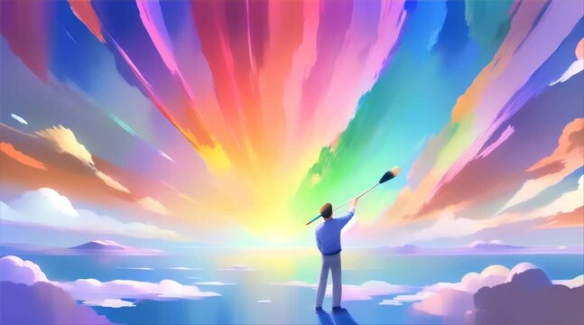 An artist painting the sky each brush stroke adding a new color to the rainbow