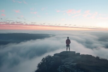 A man is standing on a mountain peak, high above the clouds, with a vast fog-covered landscape below him