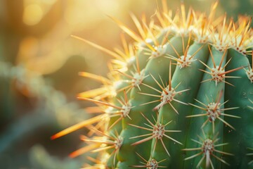 Detailed view of a cactus with numerous sharp spikes, illuminated by natural sunlight, revealing the intricate texture and patterns on its surface