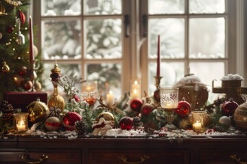 A table covered in a variety of Christmas decorations like candles, baubles, and garlands, creating a festive atmosphere