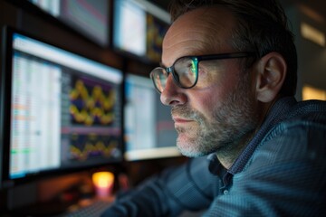 A man with glasses is intensely focused on analyzing financial data displayed on a computer screen, surrounded by notes