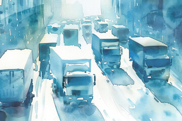Watercolor painting of city street filled with numerous vehicles stuck in heavy traffic, showcasing the hustle and bustle of urban life - obrazy, fototapety, plakaty