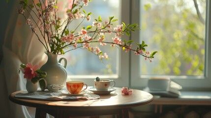 Naklejka na ściany i meble A warm indoor scene featuring a tea set and cherry blossoms by a sunny window, evoking a peaceful start to the day.