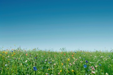 A vast field filled with colorful wildflowers and tall grasses under a clear blue sky