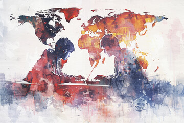 Two silhouetted children reading on a backdrop of a colorful world map rendered in watercolor