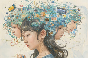 Painting depicting two girls with their heads adorned with various pictures. Their expressions are curious as they examine the images surrounding them