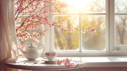 A warm indoor scene featuring a tea set and cherry blossoms by a sunny window, evoking a peaceful start to the day.