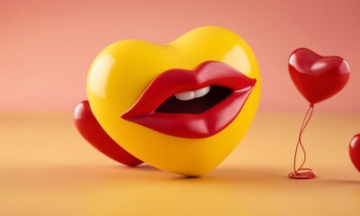 A whimsical heart balloon with luscious lips sits against a soft backdrop, accompanied by miniature heart balloons, a playful take on love. AI generation