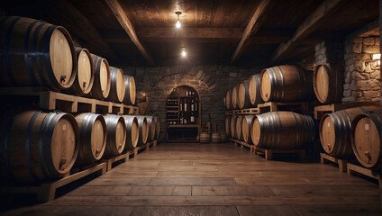 Oak wine barrels in a strewn wine cellar. - obrazy, fototapety, plakaty