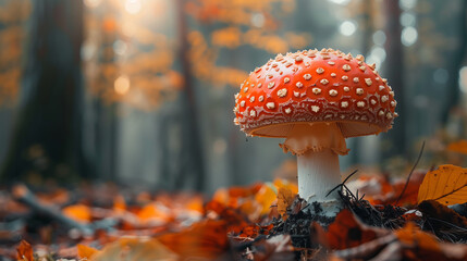 Enchanting Fly Agaric Mushroom in Mystical Forest, Fairytale Scene - obrazy, fototapety, plakaty