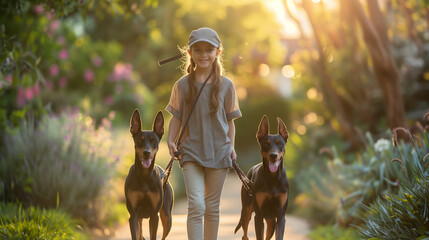 Young Girl Enjoying a Sunset Walk with Two Doberman Dogs, Park Leisure Time