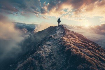 A hiker conquers a challenging mountain trail and stands triumphantly on the summit at sunrise - obrazy, fototapety, plakaty