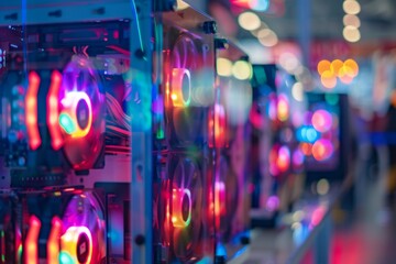 Fototapeta na wymiar Close-up of a row of high-performance gaming PC cases with transparent panels, displaying inner components illuminated by colorful RGB lights