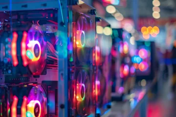 Foto op Aluminium Close-up of a row of high-performance gaming PC cases with transparent panels, displaying inner components illuminated by colorful RGB lights © Ilia Nesolenyi