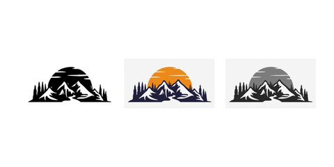 Sun logo and mountains vector black and white, Colour and grey isolated