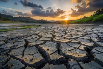 A dramatic sunset over a dry, cracked river, showcasing the impact of drought and water scarcity on the landscape - obrazy, fototapety, plakaty