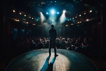 A man stands on a small, intimate stage in front of a crowd of people while interacting and performing as a stand-up comedian - obrazy, fototapety, plakaty