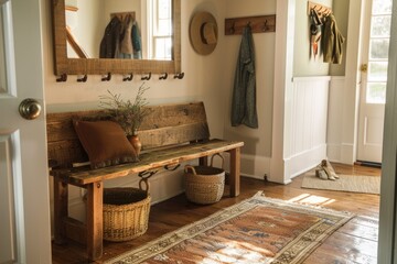 A rustic wooden bench is placed in the center of a hallway, accompanied by a woven rug and hooks holding hats