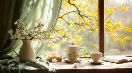 Naklejka na ściany i meble A warm indoor scene featuring a tea set and cherry blossoms by a sunny window, evoking a peaceful start to the day.