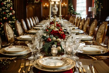 A grand dining table is elegantly set for a formal Christmas dinner, adorned with festive decorations, fine china, and crystal stemware - obrazy, fototapety, plakaty