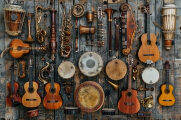 Diverse musical instruments from various cultures displayed on a vintage wooden wall