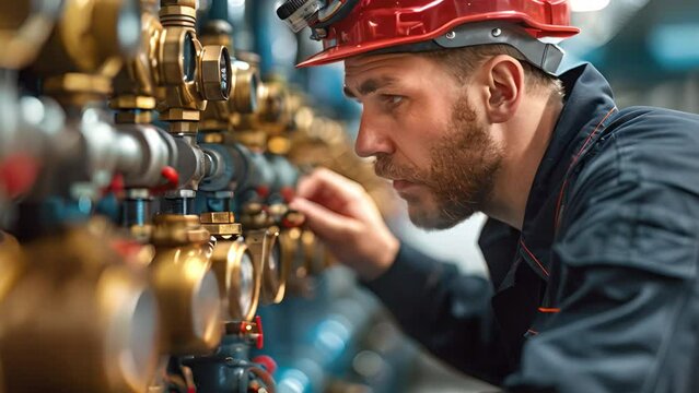 A engineering at inspects water pump valves equipment in a substation for the distribution of clean water at a large industrial estate. Water pipes. Industrial plumbing.