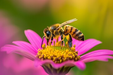 A bee collecting nectar from a vibrant pink flower, with a focus on the bee and flower in sharp detail