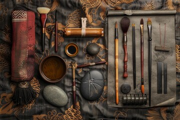 Assorted brushes of different sizes and types neatly arranged on a table with a rich textured fabric background - Powered by Adobe